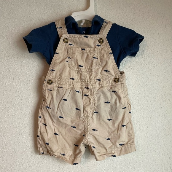 Carter's Cream Overalls with Navy whale print and matching navy polo size 6M - Picture 5 of 5